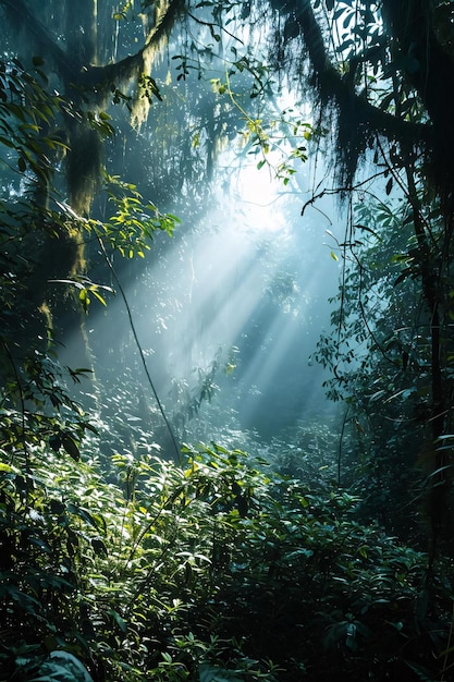 De zon schijnt door de bomen in het bos.