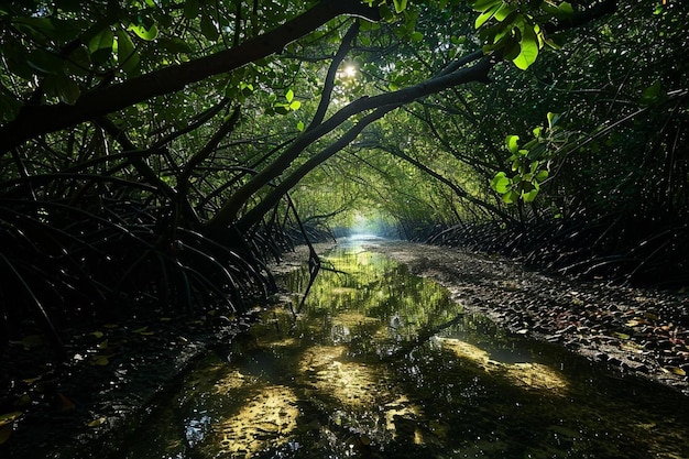 De zon schijnt door de bomen in het water