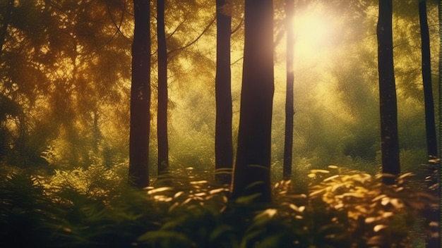 De zon schijnt door de bomen.