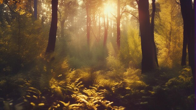 De zon schijnt door de bomen.