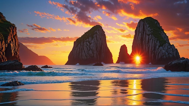 De zon schijnt door een rots in de oceaan Oceaan rots bij een prachtige zonsondergang op het paradijs strand