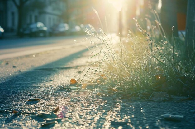 Foto de zon schijnt door het gras aan de kant van de weg