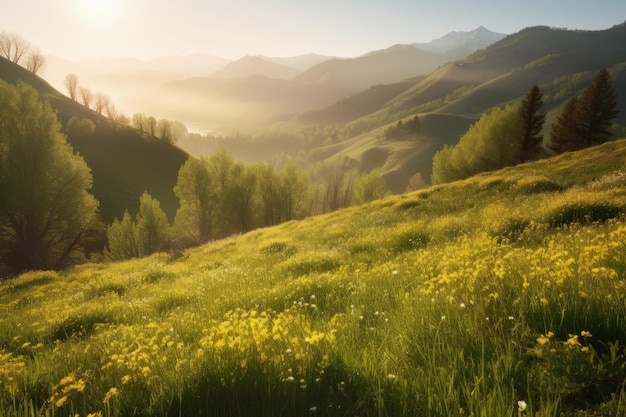 De zon schijnt helder op een met gras begroeide heuvel generatieve AI