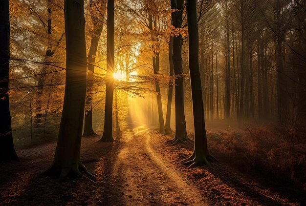 de zon schijnt op de bomen in het bos in de stijl van licht brons en oranje