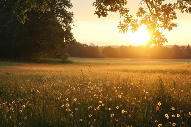 De zon wordt gezien in het proces van ondergaan en werpt een warme gloed over een uitgestrekt veld van groen gras het rustige toneel van een platteland gebadend in het warme licht van een zonsondergang in het midden van de zomer AI gegenereerd