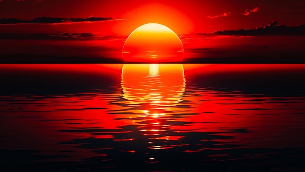 De zon zakt onder de horizon en laat een rode en oranje lucht achter die weerkaatst op het water