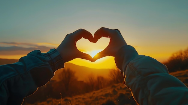 De zonsondergang bekijken met je handen in de vorm van het hart de warme kleuren van de hemel en het gevoel van liefde en vrede