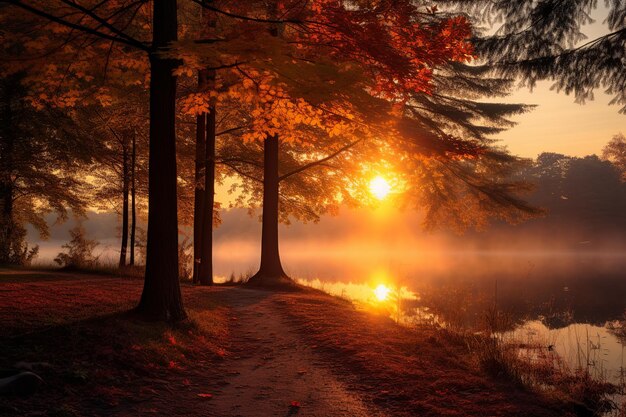 Foto de zonsondergang in de herfst: levendige bomen tegen een dramatische lucht