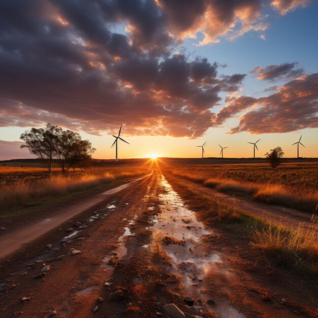 De zonsonderganghemel drijft wind- en zonne-energie aan