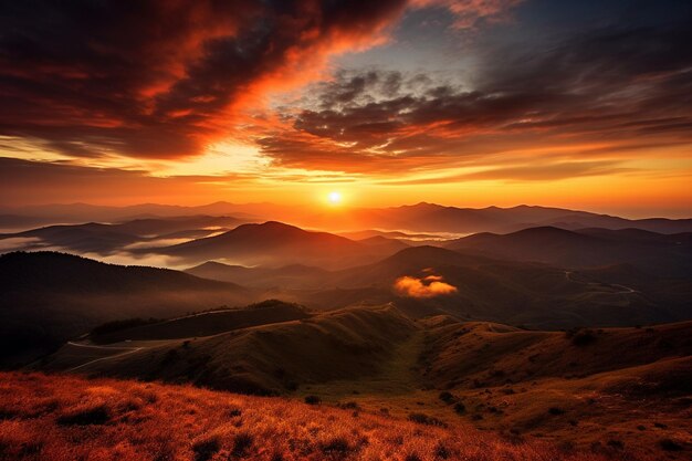 De zonsopgang in de bergen werpt een warme gloed op het landschap