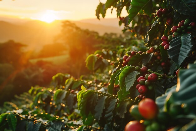 De zonsopgang over de Colombiaanse koffieplantages waar arbeiders hun dag beginnen met het oogsten van koffie.