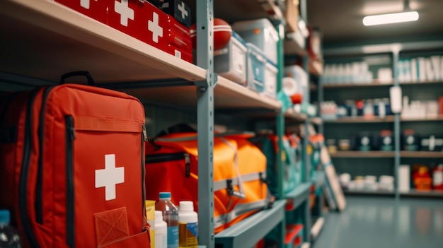 De zorgvuldige organisatie van de medische benodigdheden en eerste hulp kits in de kleedkamer voor elke