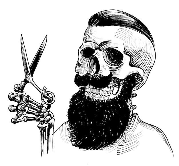 Photo dead barber skeleton with scissors ink black and white drawing