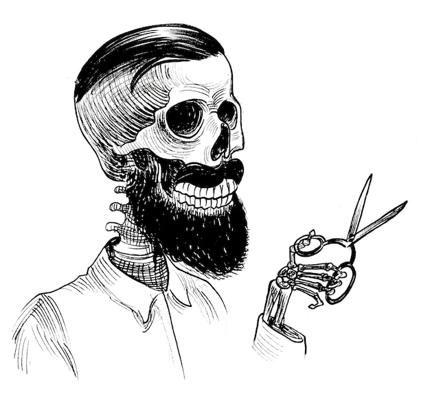 Photo dead barber with scissors handdrawn ink black and white drawing