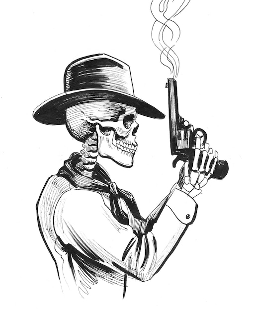 Foto cowboy morto con una pistola fumante. disegno a inchiostro