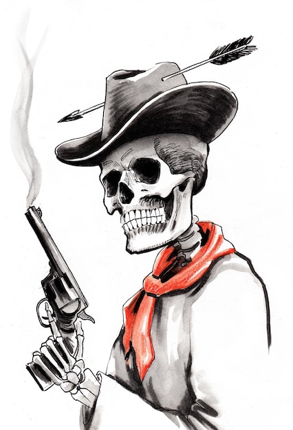 Dead cowboy with a smoking gun. Ink drawing