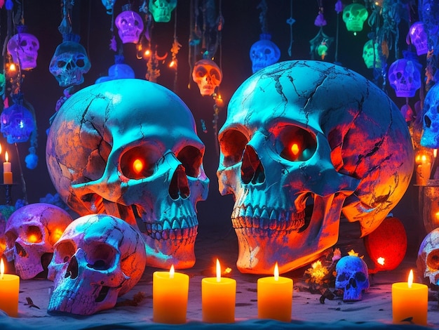 Photo dead of the day celebration colorful decorations candlelight and skulls decorated with flowers