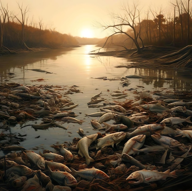 Foto pesci morti sul fiume asciutto con vista sul tramonto