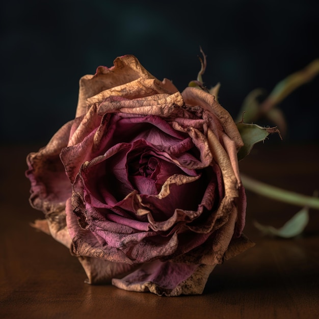 A dead flower is on a table with a dark background