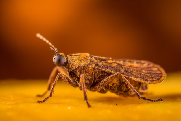 A dead fly with a black face and a yellow background