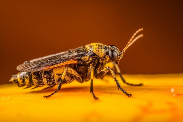 A dead fly with yellow markings on its face