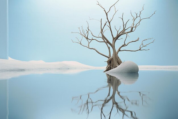 Dead isolated tree on ice water