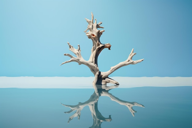 Dead isolated tree on ice water