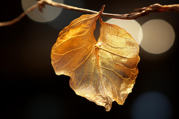 a dead leaf on a branch in front of a blue sky