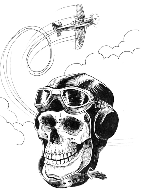 Dead pilot skull and flying plane. Ink black and white drawing