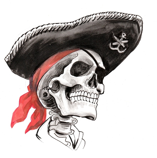 Dead pirate captain. Ink and watercolor drawing