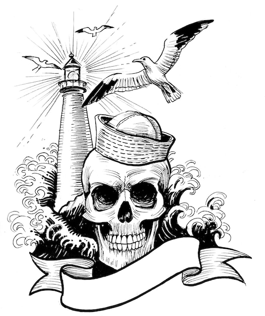 Dead sailor and lighthouse Ink black and white drawing