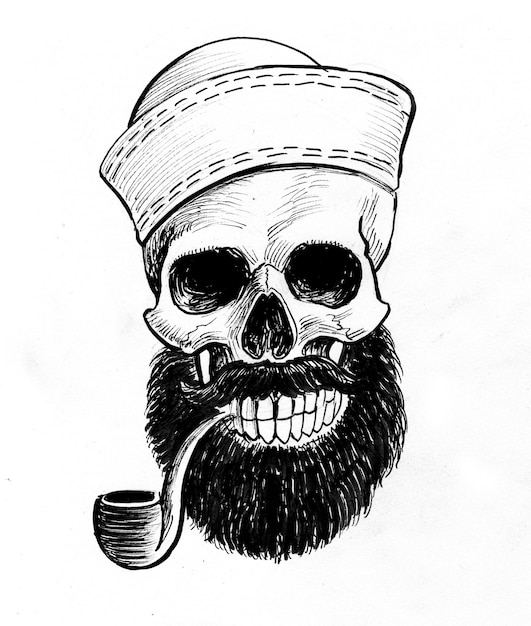 Dead sailor skull in hat and smoking pipe. Ink black and white drawing