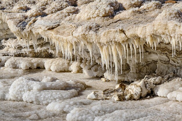 Dead Sea coast with stones covered by salt