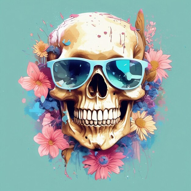 a Dead Skull wearing trendy sunglasses tshirt design flowers splash tshirt design