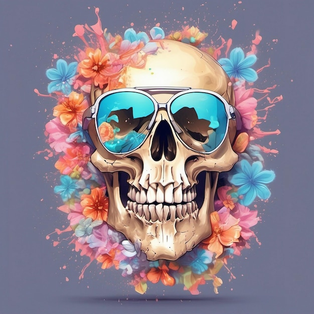 a Dead Skull wearing trendy sunglasses tshirt design flowers splash tshirt design