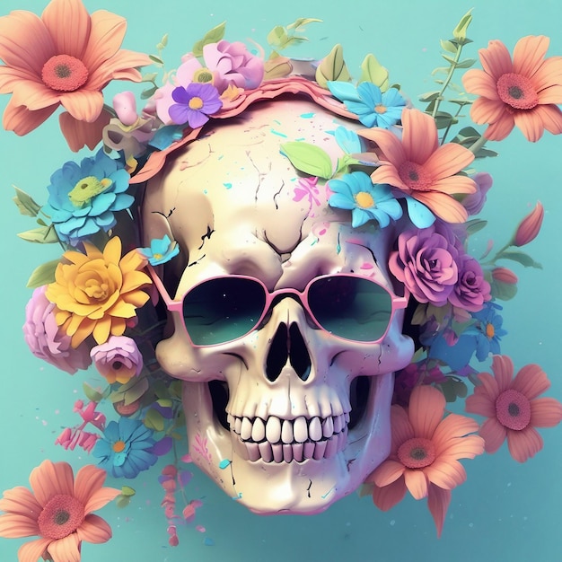 a Dead Skull wearing trendy sunglasses tshirt design flowers splash tshirt design