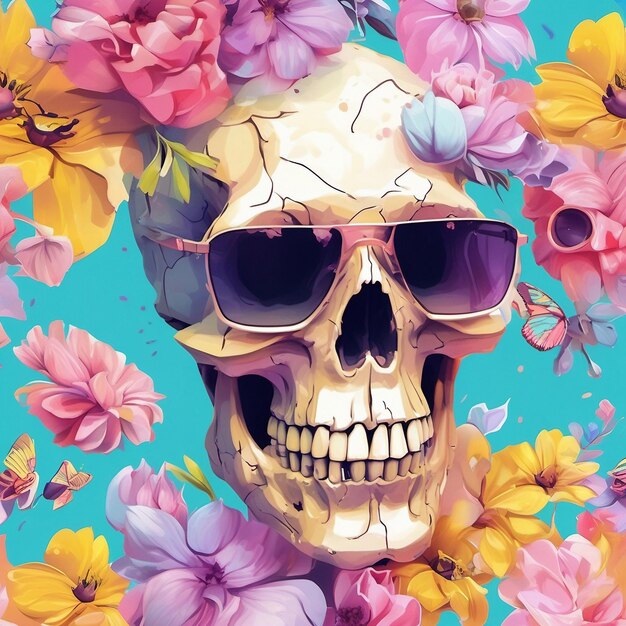 a Dead Skull wearing trendy sunglasses tshirt design flowers splash tshirt design