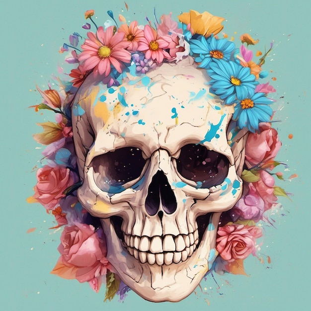 a Dead Skull wearing trendy sunglasses tshirt design flowers splash tshirt design