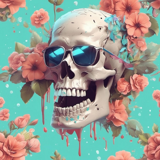 a Dead Skull wearing trendy sunglasses tshirt design flowers splash tshirt design