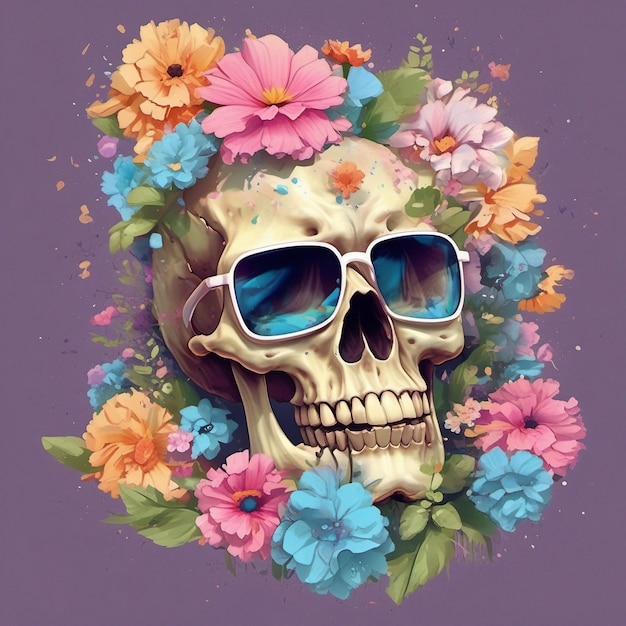 Foto un dead skull che indossa occhiali da sole alla moda t-shirt con disegno di fiori splash t-shirt design