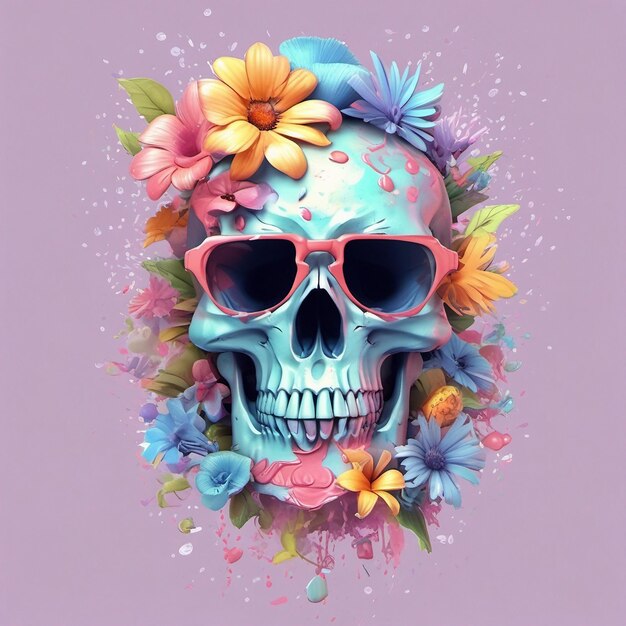 a Dead Skull wearing trendy sunglasses tshirt design flowers splash tshirt design