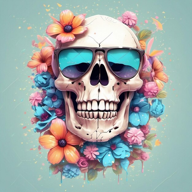 a Dead Skull wearing trendy sunglasses tshirt design flowers splash tshirt design