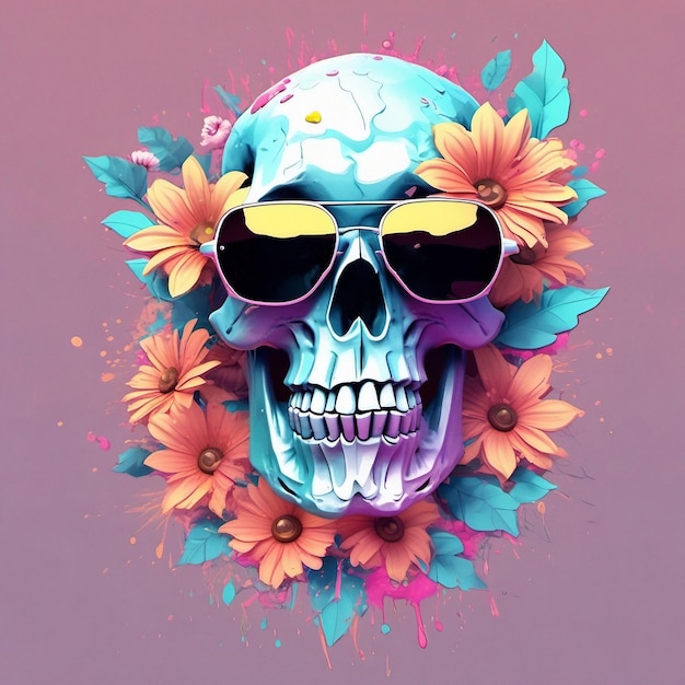 a Dead Skull wearing trendy sunglasses tshirt design flowers splash tshirt design