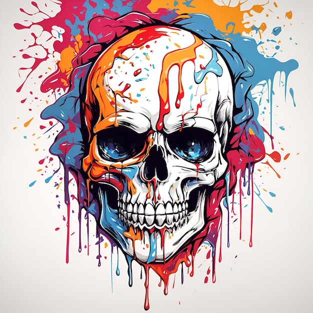 다채로운 떨어지는 페인트와 티셔츠 디자인을 위한 다채로운 스타일을 갖춘 죽은 해골