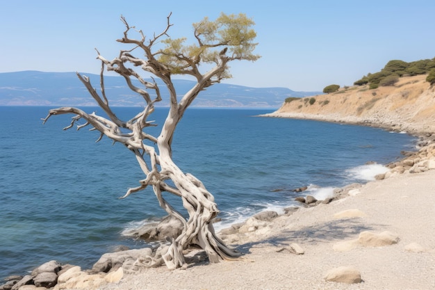 a dead tree on the beach