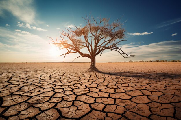 Foto l'albero morto nel deserto il riscaldamento globale e il concetto di cambiamento climatico