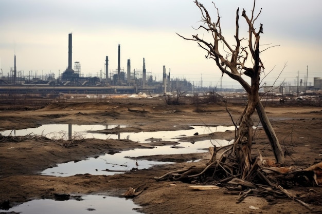 Photo dead tree in industrial pollution with factories in background