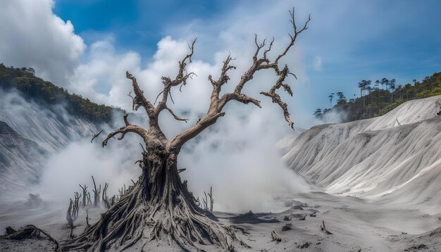 a dead tree is in the middle of a field of dirt