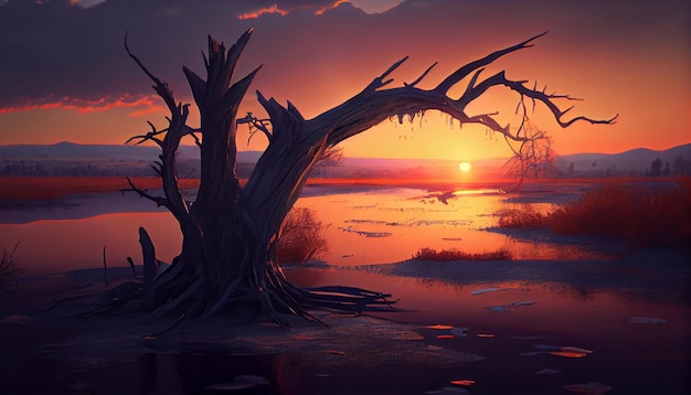 Dead tree in the lake at sunset Generative AI