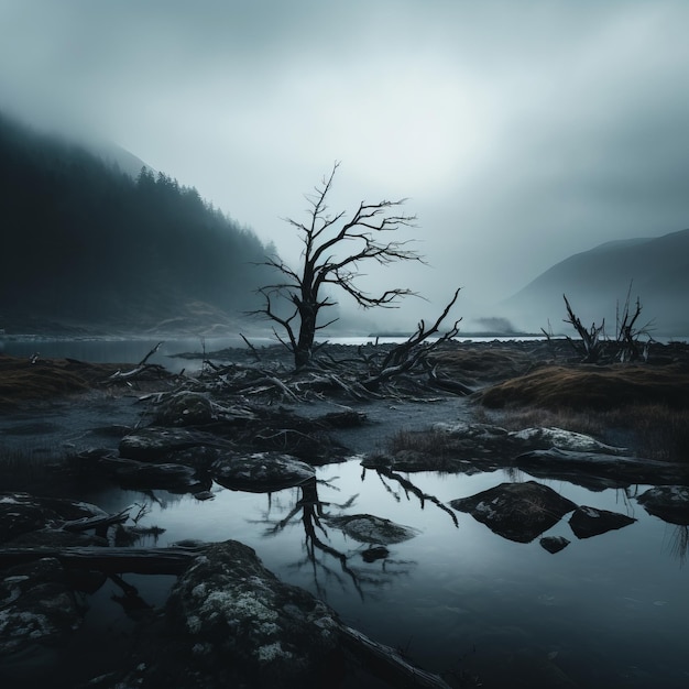 Photo a dead tree in the middle of a lake on a foggy day